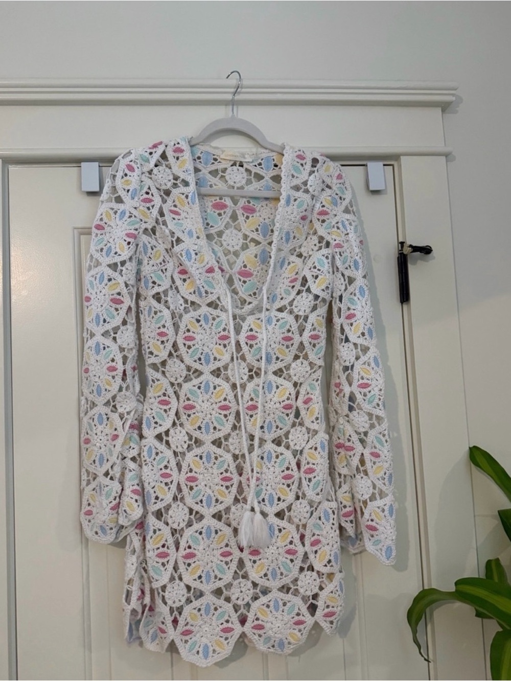 LoveShackFancy White Crochet Long Sleeve Coverup Dress